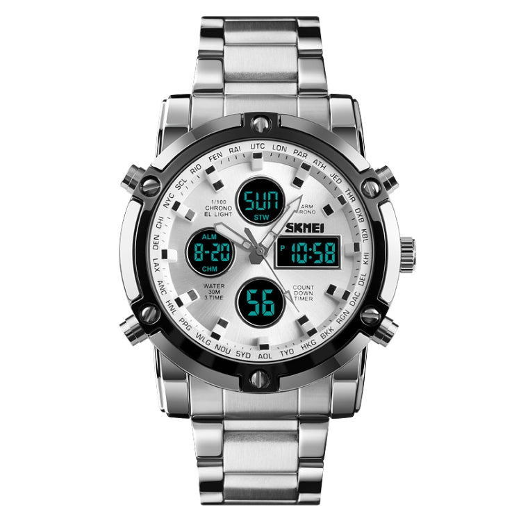 SKMEI 1389 Multifunctional Men Business Digital Watch 30m Waterproof Large Dial Wrist Watch with Stainless Steel Watchband , 1389 Silver+Black, 1389 Black, 1389 Blue, 1389 Silver
