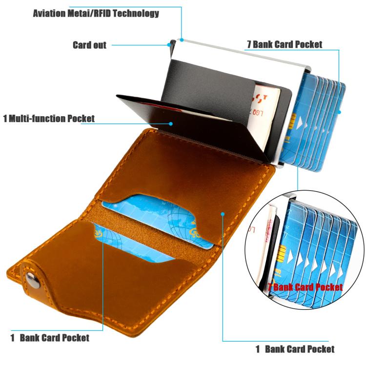 Crazy Horse Genuine Leather Auto Pop-up Aluminum Box RFID Anti-magnetic Card Holder