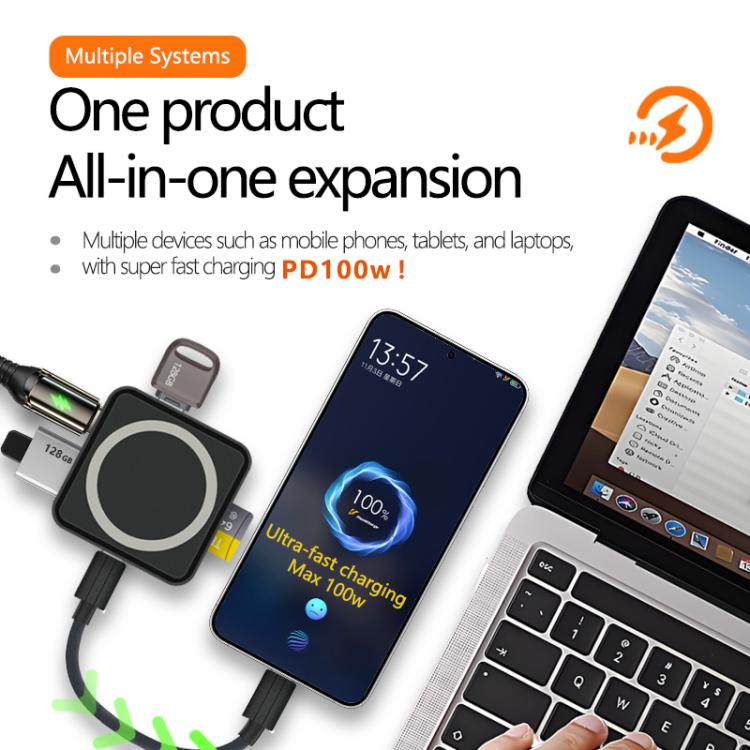 6 in 1 PD 100W, Dual Type-C, TF, SD Card, USB-A Port Multifunctional Magnetic HUB Dock Station, Type-C to PD 100W, Dual Type-C, TF, SD Card, USB-A Port