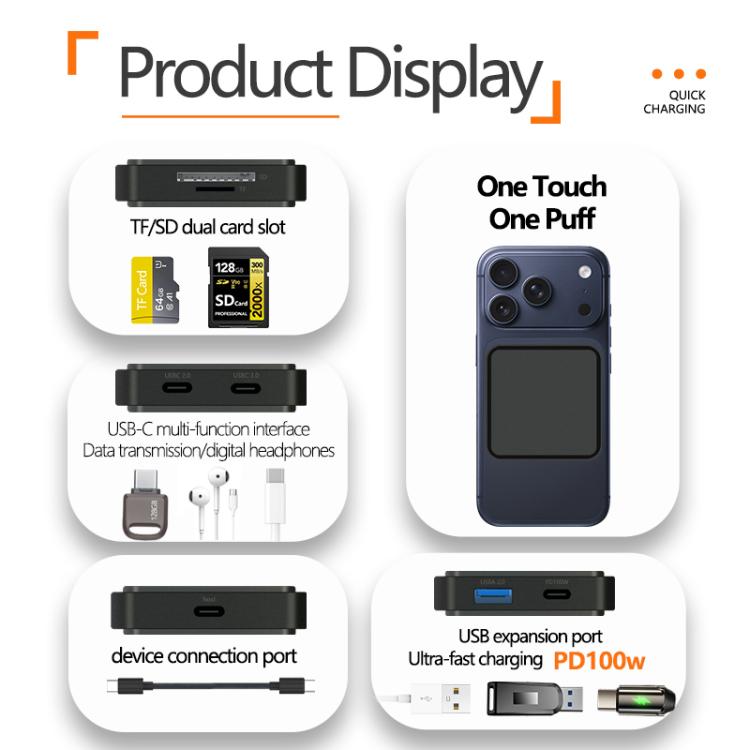 6 in 1 PD 100W, Dual Type-C, TF, SD Card, USB-A Port Multifunctional Magnetic HUB Dock Station, Type-C to PD 100W, Dual Type-C, TF, SD Card, USB-A Port