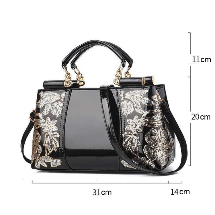Ladies Single Sided Embroidered Shiny Leather Handbag, Red, Blue, Black, Rice-white, Red Wine