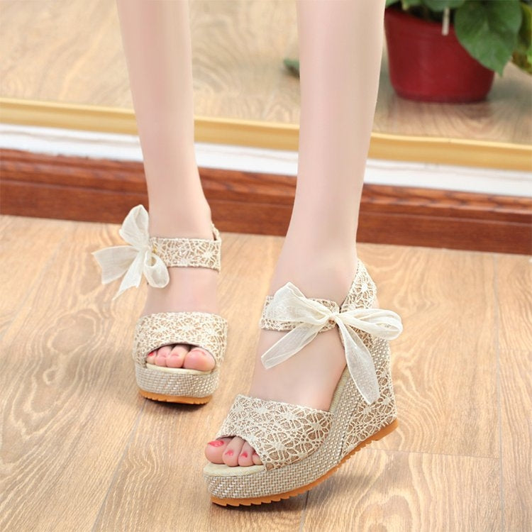 Summer Women Sandals Slope Heel Lace Open Toe Adhesive One Word Buckle Strap Muffin Thick Bottom Shoes, 35, 36, 37, 38, 39, 40, 41