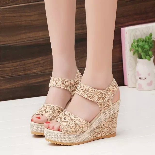 Summer Women Sandals Slope Heel Lace Open Toe Adhesive One Word Buckle Strap Muffin Thick Bottom Shoes, 35, 36, 37, 38, 39, 40, 41