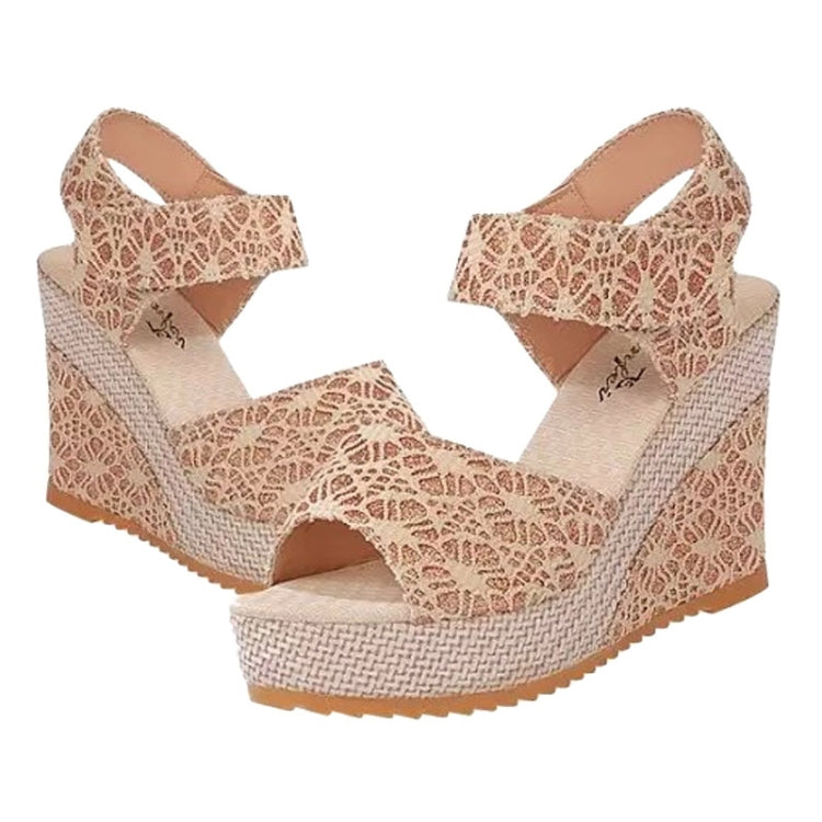 Summer Women Sandals Slope Heel Lace Open Toe Adhesive One Word Buckle Strap Muffin Thick Bottom Shoes, 35, 36, 37, 38, 39, 40, 41
