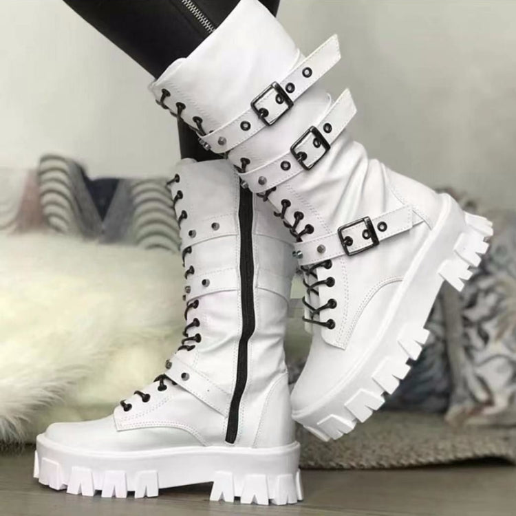 Fall Winter Women Thick Bottom Leather Boots Mid Calf Lace-up Side Zipper Botas, 35, 36, 37, 38, 39, 40, 41, 42, 43