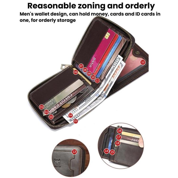 BULL 235 CAPTAIN 2 Fold Zipper Leather Wallet RFID Multi-Functional Card Holder