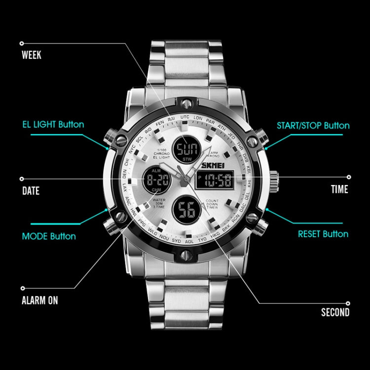 SKMEI 1389 Multifunctional Men Business Digital Watch 30m Waterproof Large Dial Wrist Watch with Stainless Steel Watchband , 1389 Silver+Black, 1389 Black, 1389 Blue, 1389 Silver