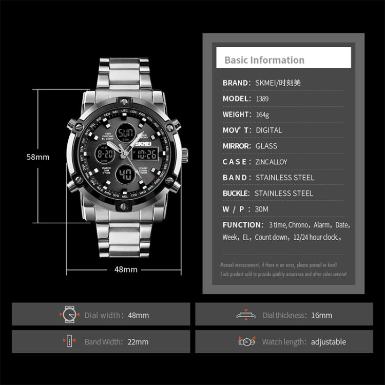 SKMEI 1389 Multifunctional Men Business Digital Watch 30m Waterproof Large Dial Wrist Watch with Stainless Steel Watchband , 1389 Silver+Black, 1389 Black, 1389 Blue, 1389 Silver