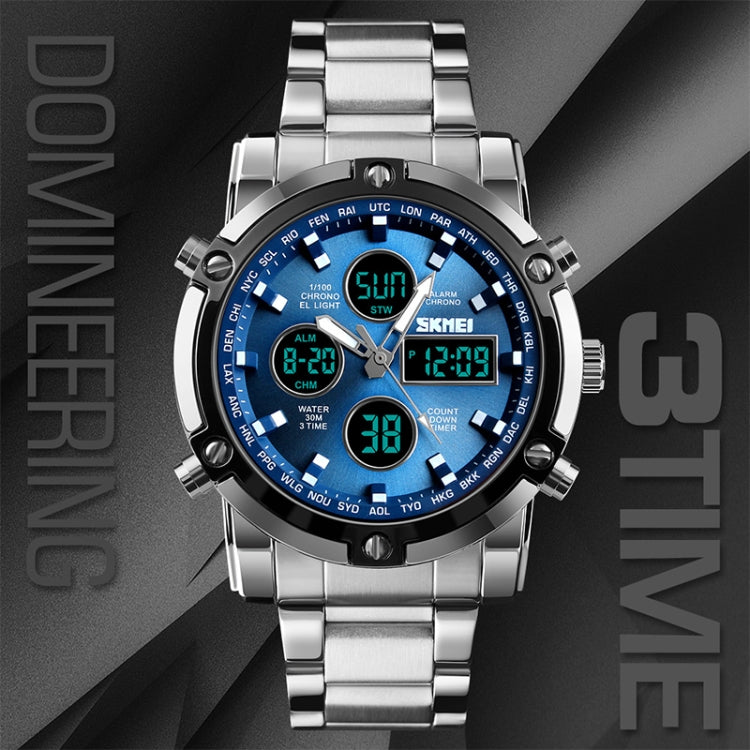 SKMEI 1389 Multifunctional Men Business Digital Watch 30m Waterproof Large Dial Wrist Watch with Stainless Steel Watchband , 1389 Silver+Black, 1389 Black, 1389 Blue, 1389 Silver