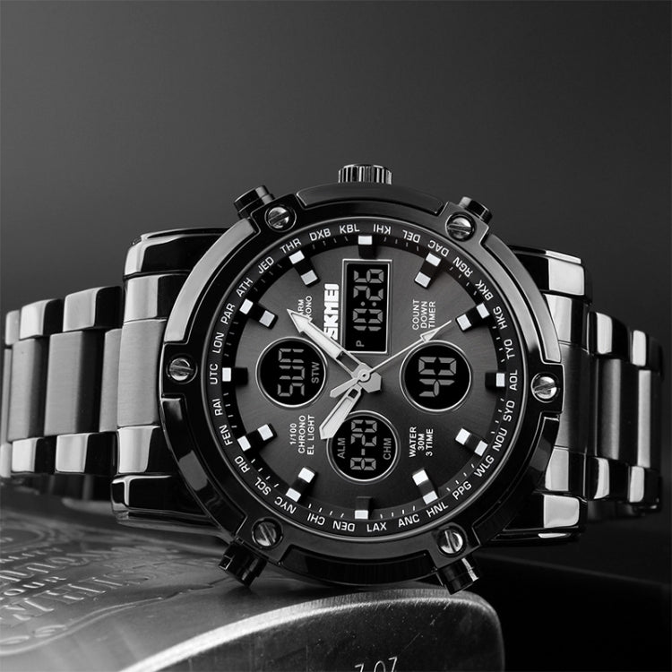 SKMEI 1389 Multifunctional Men Business Digital Watch 30m Waterproof Large Dial Wrist Watch with Stainless Steel Watchband , 1389 Silver+Black, 1389 Black, 1389 Blue, 1389 Silver