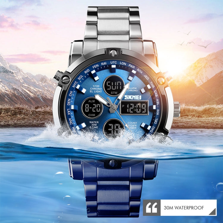 SKMEI 1389 Multifunctional Men Business Digital Watch 30m Waterproof Large Dial Wrist Watch with Stainless Steel Watchband , 1389 Silver+Black, 1389 Black, 1389 Blue, 1389 Silver