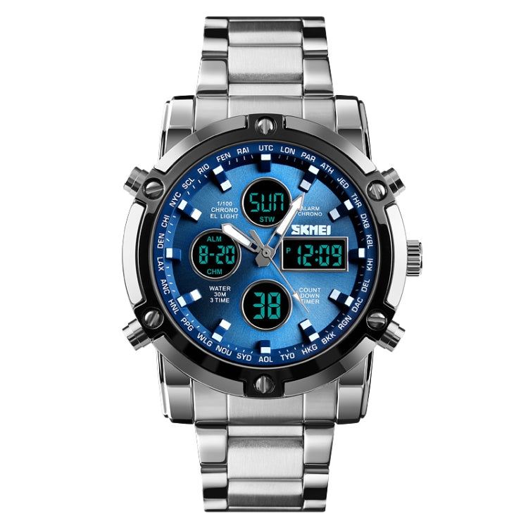SKMEI 1389 Multifunctional Men Business Digital Watch 30m Waterproof Large Dial Wrist Watch with Stainless Steel Watchband , 1389 Silver+Black, 1389 Black, 1389 Blue, 1389 Silver